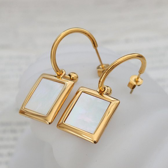 White Shell Geometric CC Hoop 18K‎ Gold Plated Pendant Earrings Stainless Steel - Picture 6 of 7